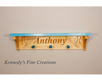 Kids Personalized Baseball Engraved Stained Wood Wall Shelf with Pegs (24" long)