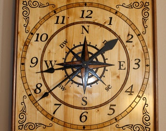 Large Nautical Engraved Stained Wood Wall Clock (25")
