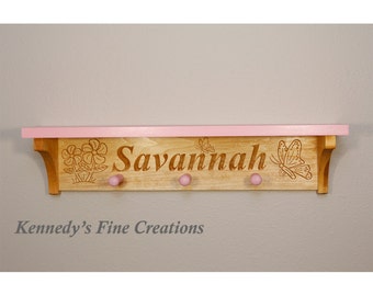 Kids Personalized Butterfly and Flower Engraved Stained Wood Wall Shelf with Pegs (24" long)