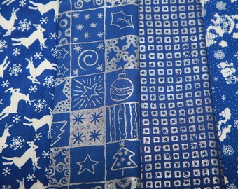 Vintage Blue Christmas Fabric with Assorted Patterns and Lengths (FREE SHIPPING)