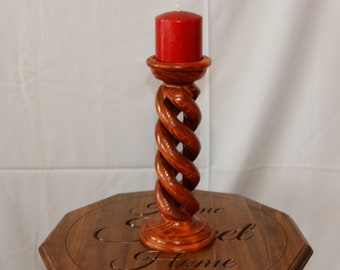 14"  Carved Hollow Spiral Solid Wood Candle Sticks (Set of 2)