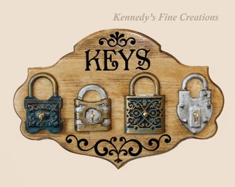 Key Holder with Weathered Hand Painted Locks