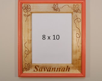 Personalized Flower and Butterfly Engraved Stained Wood Picture Double Frame (8X10)