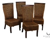 Rattan Wicker and Hardwood Set 4 Dining Chairs