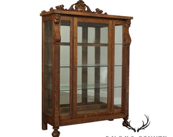 Victorian Oak Antique Bow Glass Claw Foot China Cabinet