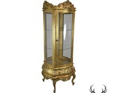 French Louis XV Style Vintage Gold Gilt Carved Round Curio Vitrine Cabinet