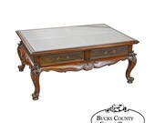 French Louis XV Style Carved Mahogany Glass Top Coffee Table with Caning
