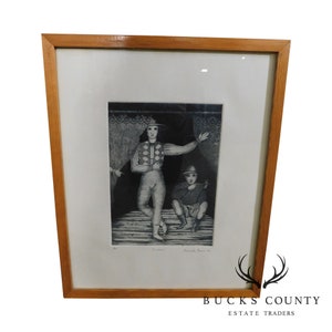 May include: A framed black and white etching of two figures in a theatrical setting. The figure on the left is wearing a hat and a patterned shirt, while the figure on the right is holding a musical instrument. The etching is titled "The Musicians" and signed "Alexander Russo 78."