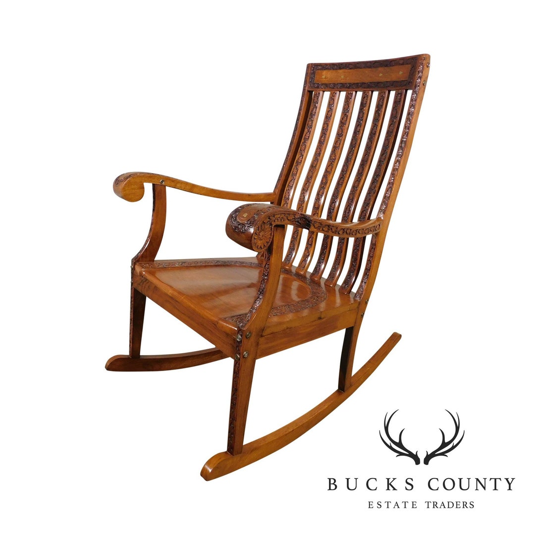 Vintage Indian Carved Hardwood Brass Inlaid Rocker - Etsy