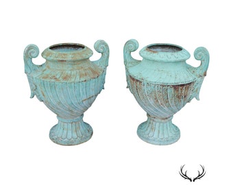 Neoclassical Style Large Pair Verdigris Cast Iron Urn Garden Planters