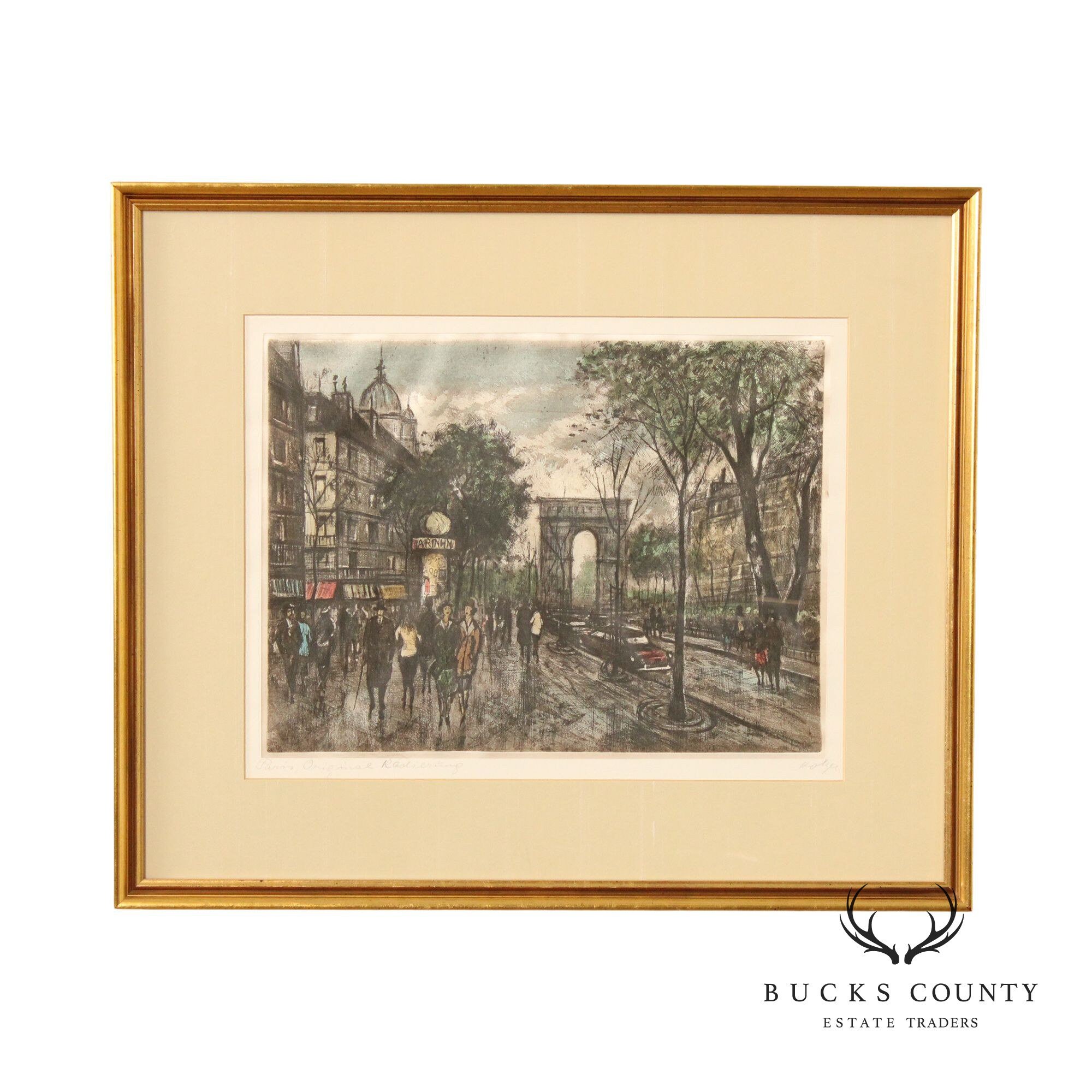 Vintage 20th C. 'paris' Street Scene Colored Etching, Custom