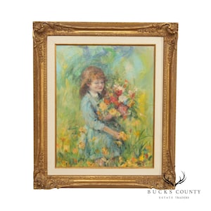May include: A framed oil painting of a young girl in a blue dress holding a bouquet of colorful flowers. The painting is set against a background of green foliage and yellow flowers.