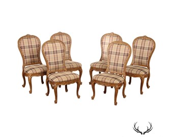 French Louis XV Style Set Six Plaid Upholstered Dining Chairs