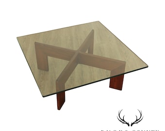 Mid Century Modern Walnut Base Glass Top Coffee Table
