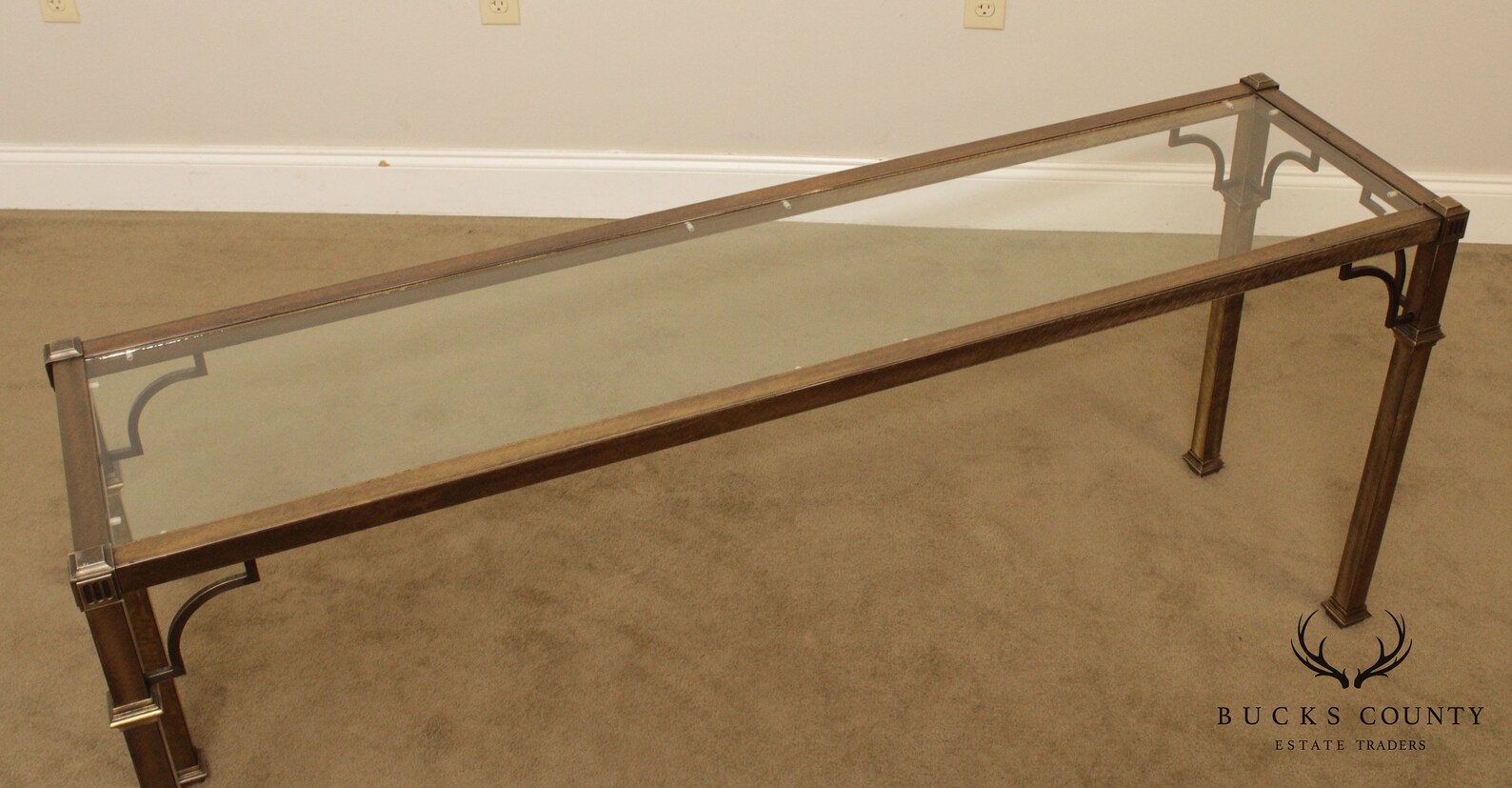 Vintage Brushed Bronze Finish Glass Top Console Table Etsy