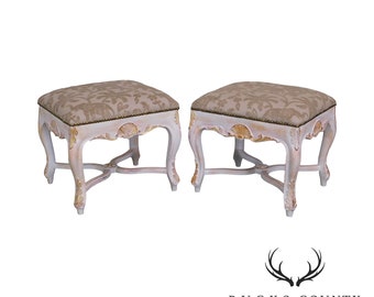 Italian Rococo Style Gilt & Painted Carved Pair Stools