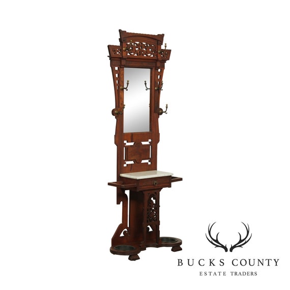 Antique Victorian Walnut Mirror Back Hall Tree, Um