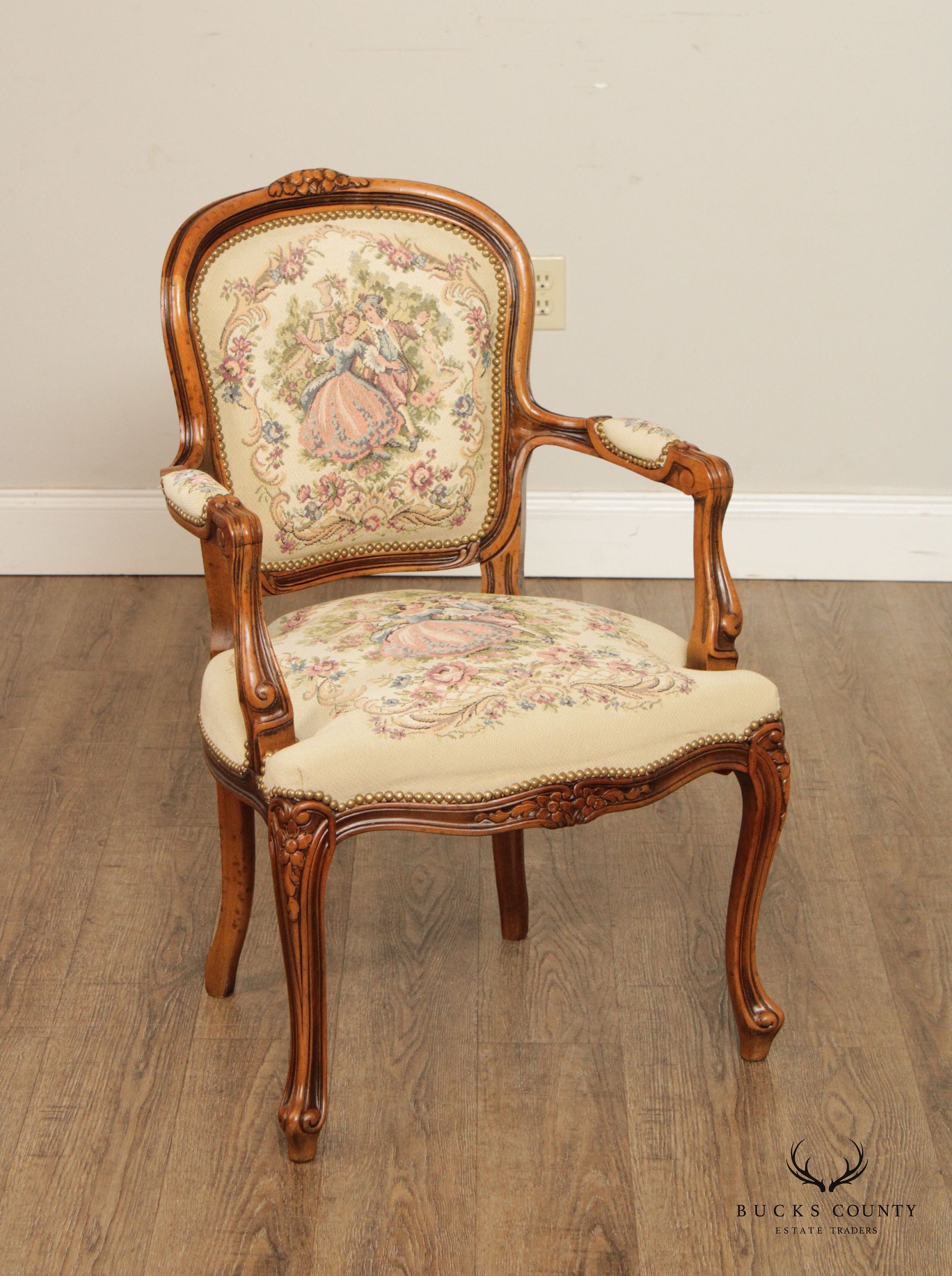 Chateau d'Ax Spa French Louis XV Dancing Couple Tapestry Armchair-A Pair