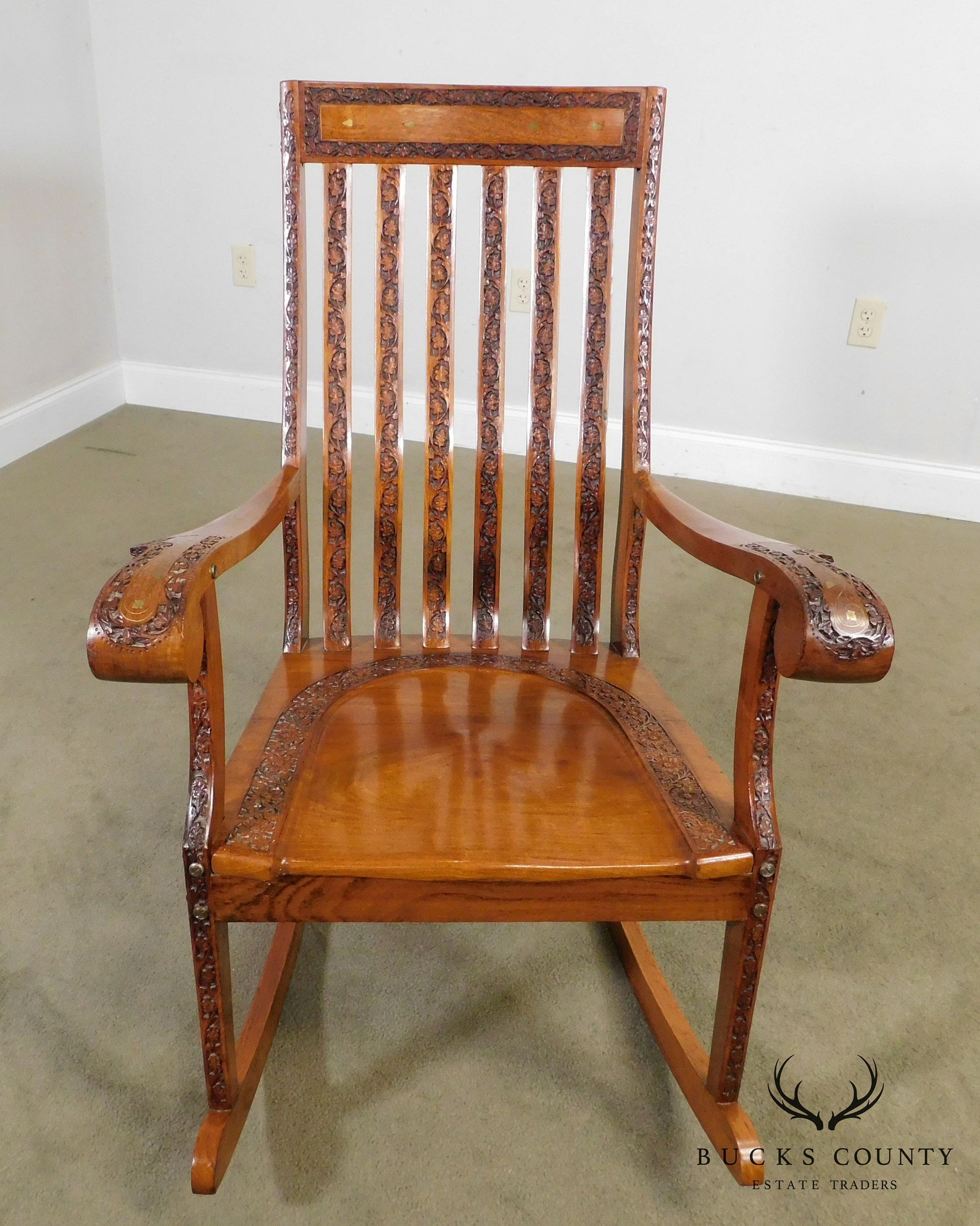Vintage Indian Carved Hardwood Brass Inlaid Rocker - Etsy