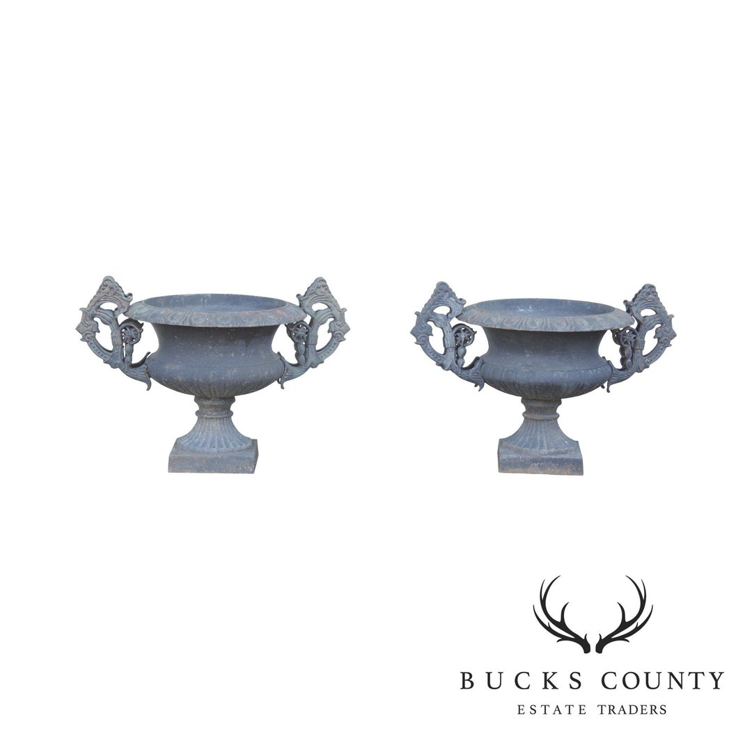 Large Vintage Pair Cast Iron Garden Urns - Etsy