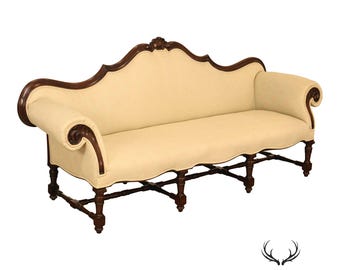 Antique Italian Rococo Carved Walnut Frame Long Sofa