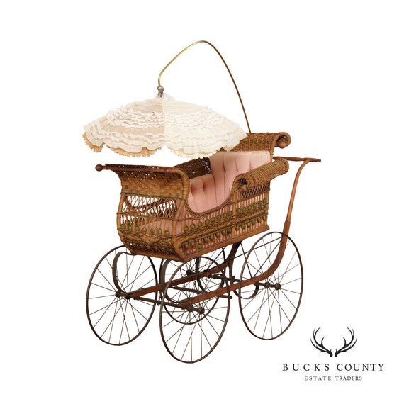 Antique Victorian Wicker Carriage Stroller With Umbrella Etsy