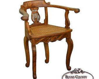 Anglo Indian Solid Padauk Wood Carved Lyre Back Cane Seat Arm Chair