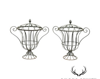 Vintage Pair Wrought Iron Garden Urn Topiary Planters