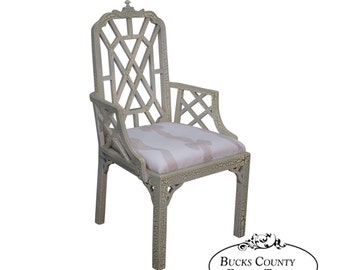 Hollywood Regency Faux Bamboo Painted Chinese Chippendale Arm Chair