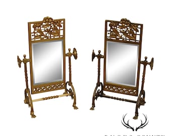 Aesthetic Movement Antique 1880&#39;s Victorian Brass Pair Cheval Beveled Vanity Mirrors