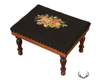 Antique Victorian Floral Needlepoint Foot Stool