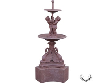 Antique Neoclassical Style Cast Iron Garden Fountain with Cherubs and Swans