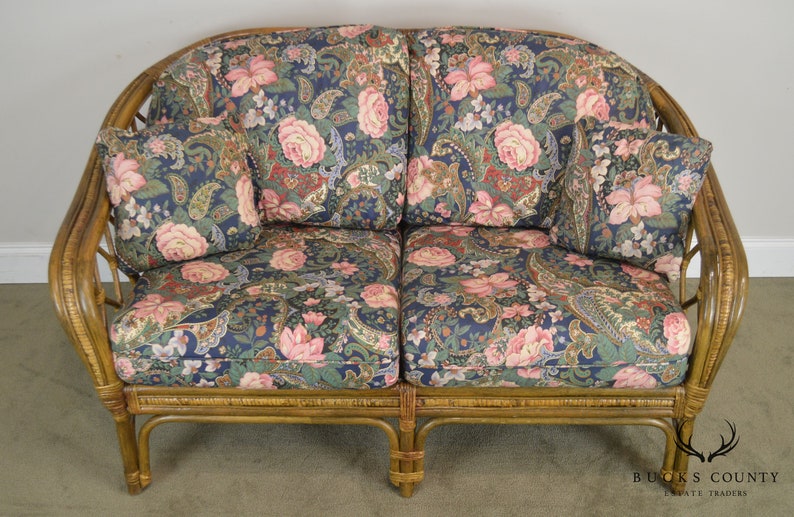 Quality Rattan Pair Curved Back Loveseats With Custom Floral Etsy
