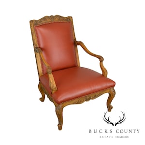 Baker Vintage French Louis XV Style Large Leather Fauteuil Arm Chair