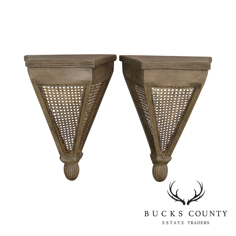 French Style Pair Painted Caned Wall Shelves Etsy