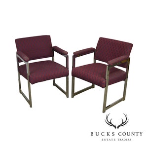 Mid Century Modern Milo Baughman Style Pair Chrome Armchairs