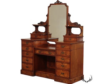 Antique English Victorian Walnut Burl Vanity Dresser with Mirror