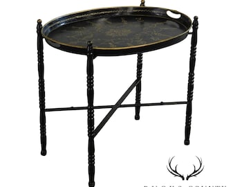 Vintage Hand Painted Tole Tray Table on Folding Metal Base