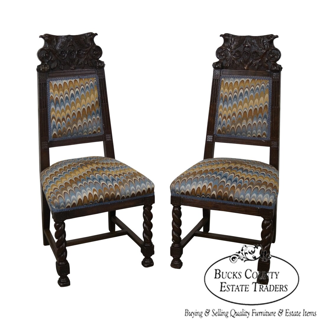 Antique 19th Century Carved Eagle Barley Twist Pair of Side Chairs (A ...