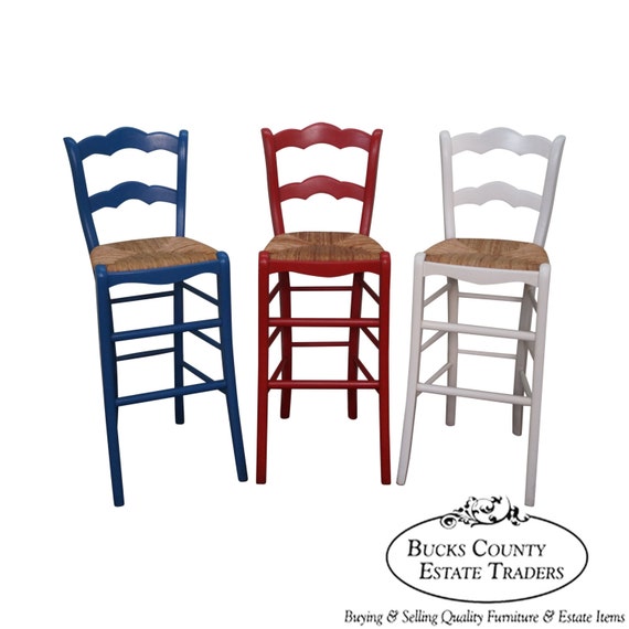 Quality Set Of 3 French Country Red, White Bar Stools With Rush Seats