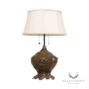 Antique Chinese Bronze Dragon Table Lamp with Shade