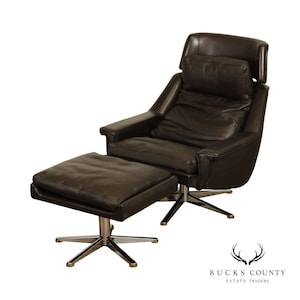 Werner Langenfeld for ESA Danish Modern Leather Lounge Chair and Ottoman