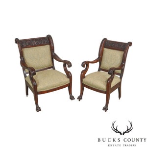Victorian Renaissance Carved Mahogany Pair of His & Hers Arm Chairs