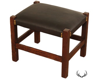 Antique Mission Oak and Leather Stool or Ottoman