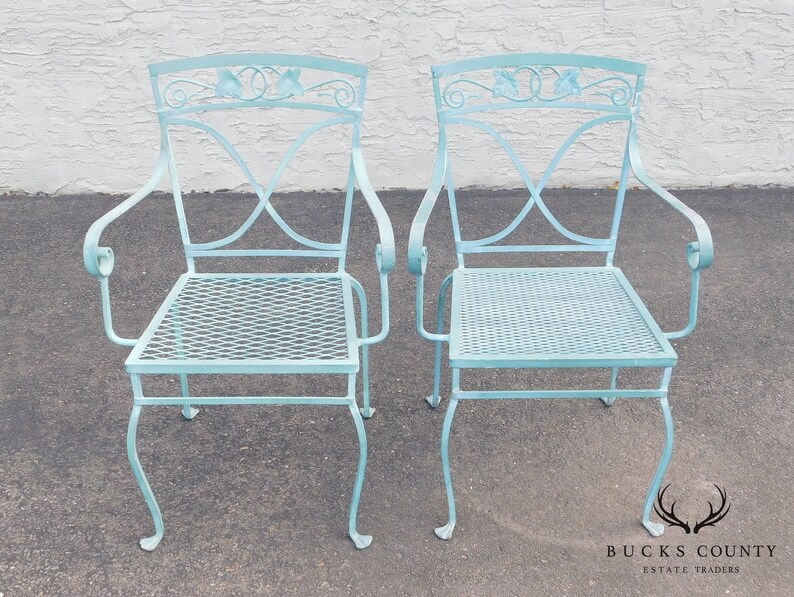 Salterini Vintage Pair Blue Wrought Iron Garden Armchairs