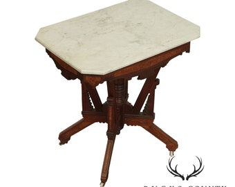 Antique Victorian East Lake Walnut Marble Top Parlor Table