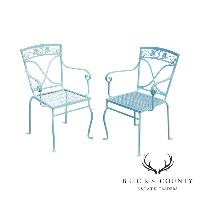 Salterini Vintage Pair Blue Wrought Iron Garden Armchairs