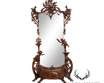 Antique French Renaissance Revival Carved Walnut Hall Mirror