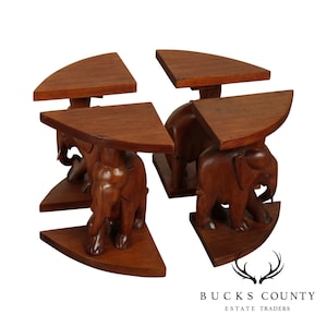 Hand Carved Wood Vintage Set of 4 Elephant Low Pedestals Tables