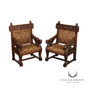 Antique Italian Renaissance Style Pair of Carved Oak Armchairs